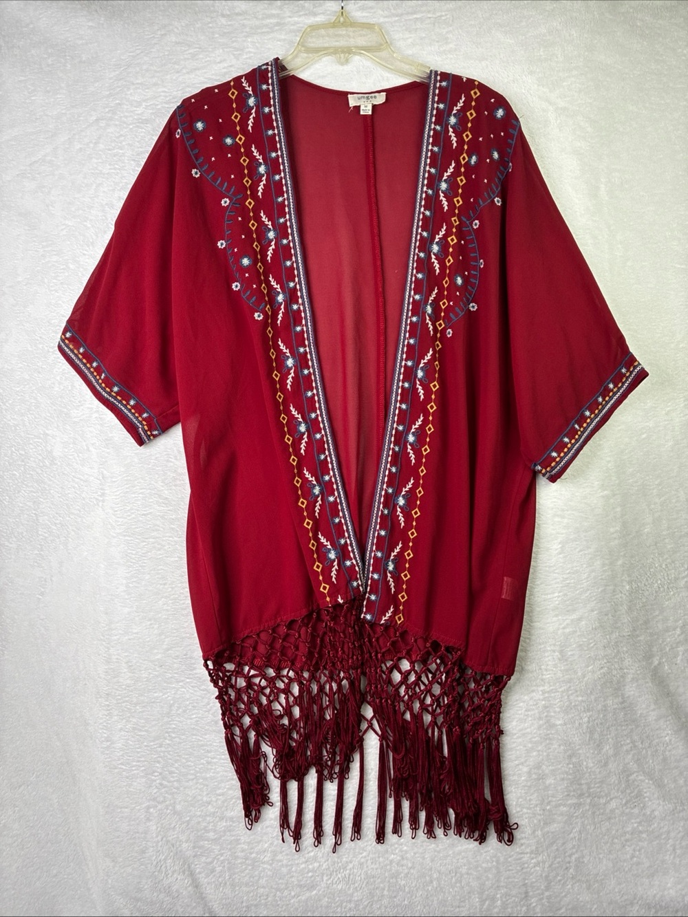 Umgee Red Embroidered Fringe Open Cardigan